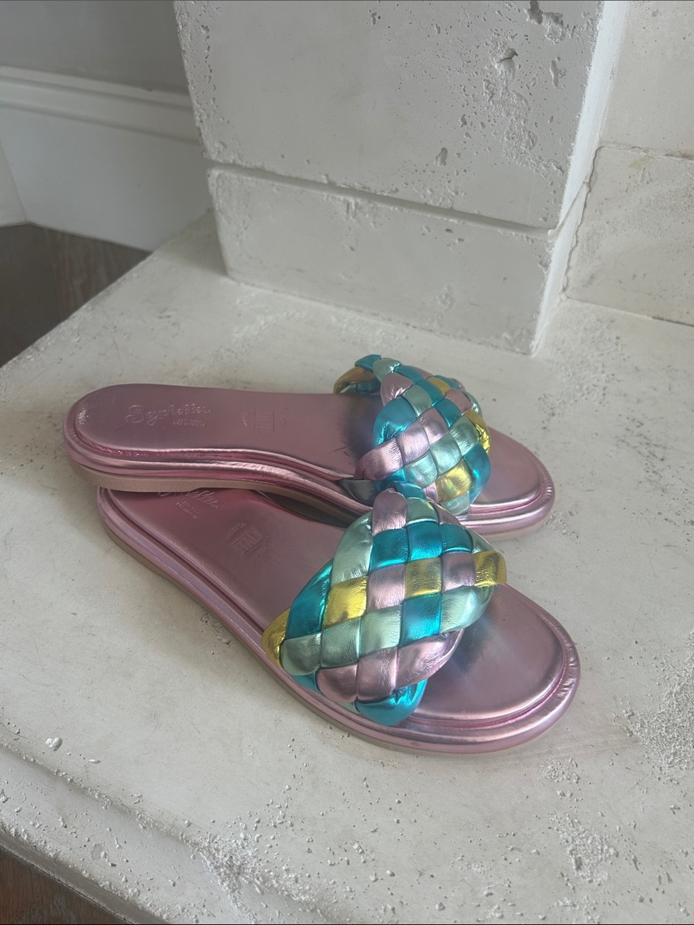 Seychelles Iridescent Pink Slide Sandals with Multicolor Woven Strap